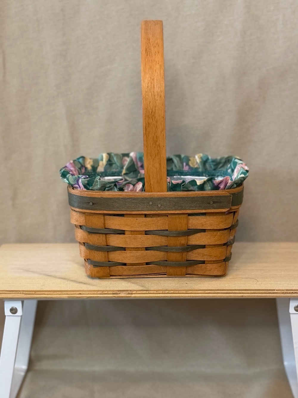 Longaberger Brown Wood Basket with Green Floral Liner